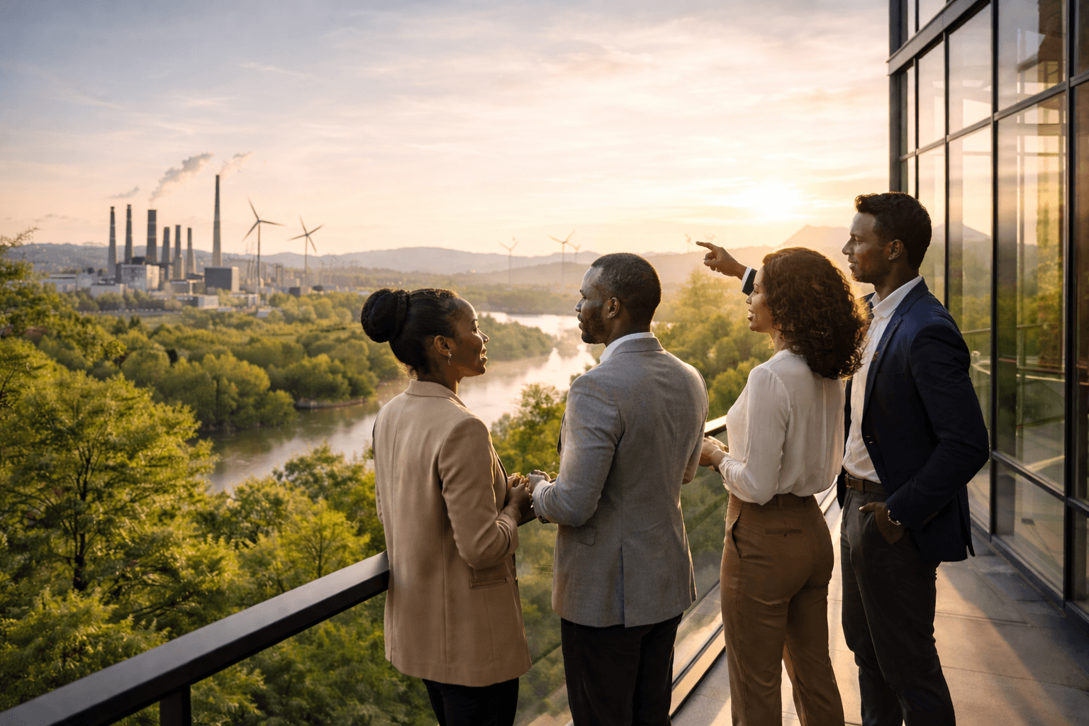Équipe professionnelle observant un paysage industriel intégré à la nature